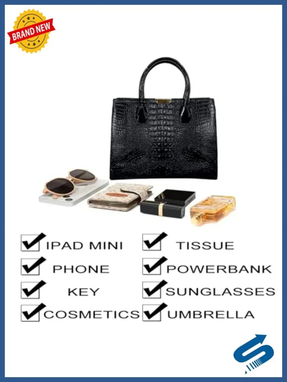 Patent PU Leather Crocodile Pattern Satchel Tote Handbag Set with Shoulder
